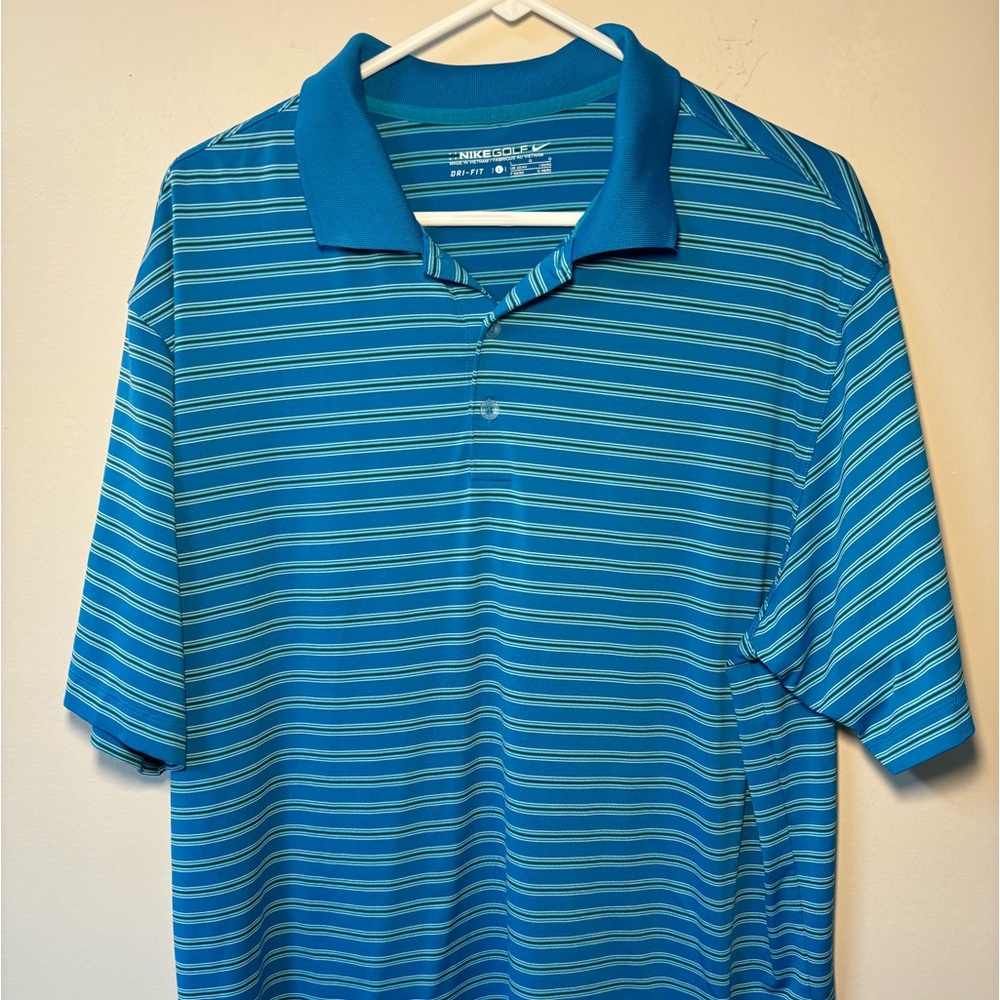 Nike Golf Dri Fit Mens Teal Striped Breathable Polo Golf Shirt performan…